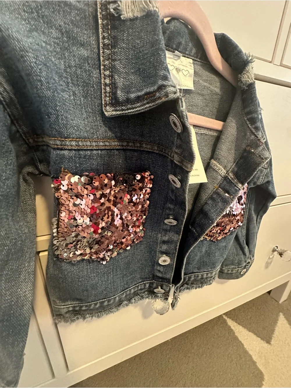 Girls' Denim Jacket with Pink Sequin Pockets